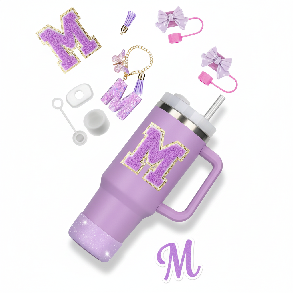8PCS Accessories Set for Stanley Cup Purple 30oz 40oz tumbler Silicone Straw Topper Cover Cap Boot Handle Charm Initials Sticker