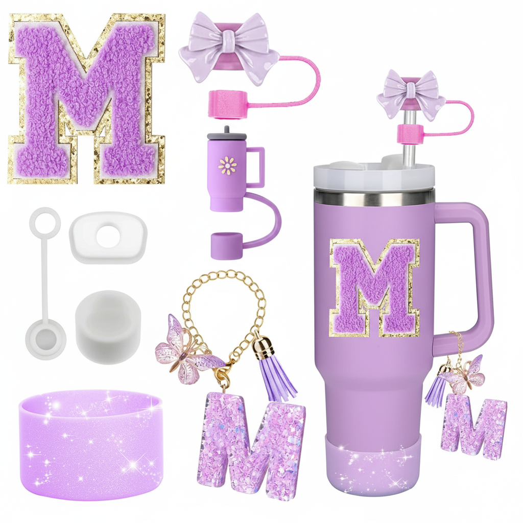 8PCS Accessories Set for Stanley Cup Purple 30oz 40oz tumbler Silicone Straw Topper Cover Cap Boot Handle Charm Initials Sticker