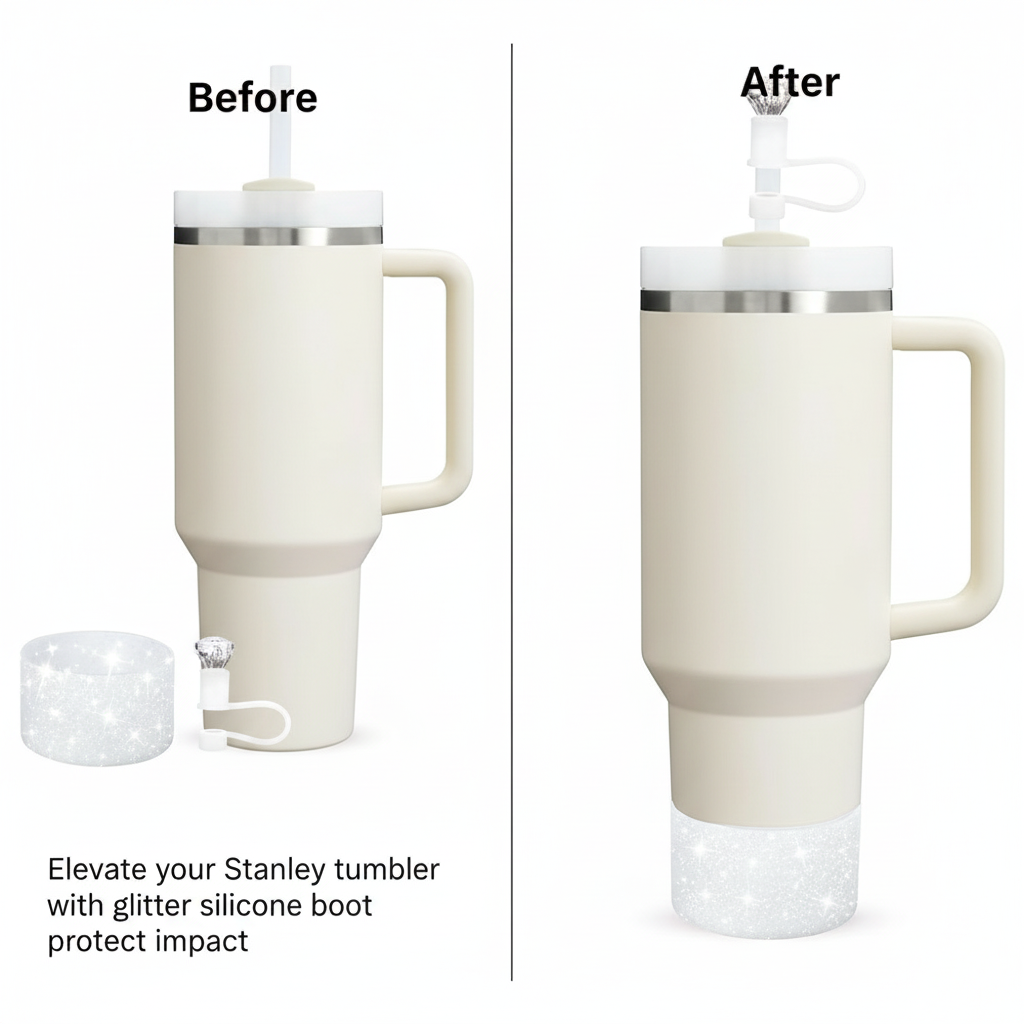 2pcs Cup Accessories Set for Stanley 40oz/30oz Tumbler 1 Glitter Silicone Boot 1 Diamond Straw Cover Cap Valentine's Day Gift