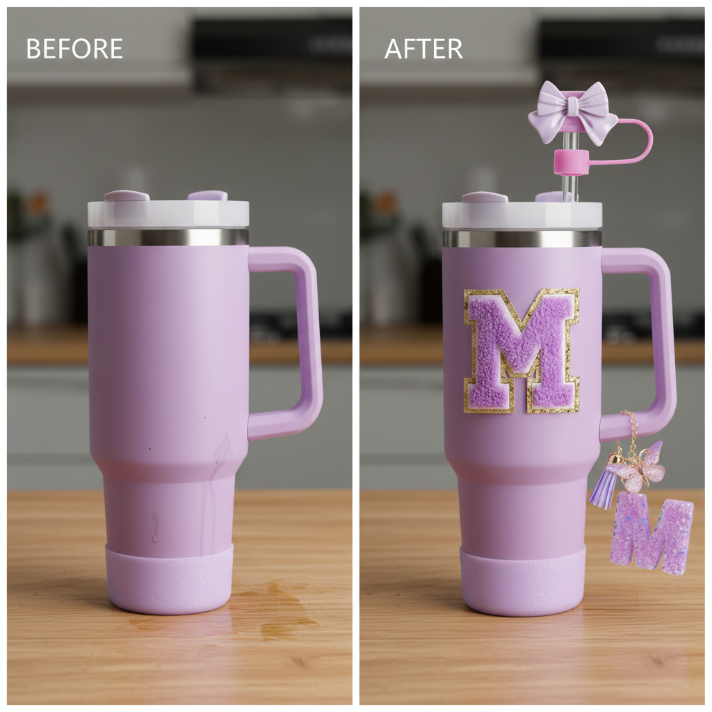 8PCS Accessories Set for Stanley Cup Purple 30oz 40oz tumbler Silicone Straw Topper Cover Cap Boot Handle Charm Initials Sticker