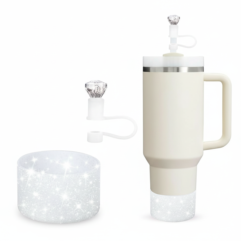 2pcs Cup Accessories Set for Stanley 40oz/30oz Tumbler 1 Glitter Silicone Boot 1 Diamond Straw Cover Cap Valentine's Day Gift