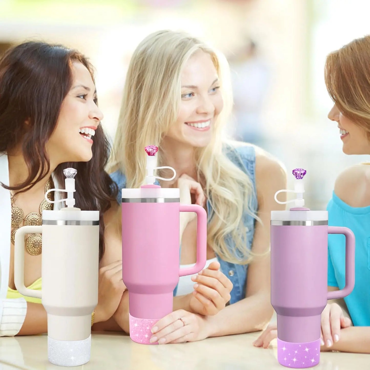 2pcs Cup Accessories Set for Stanley 40oz/30oz Tumbler 1 Glitter Silicone Boot 1 Diamond Straw Cover Cap Valentine's Day Gift