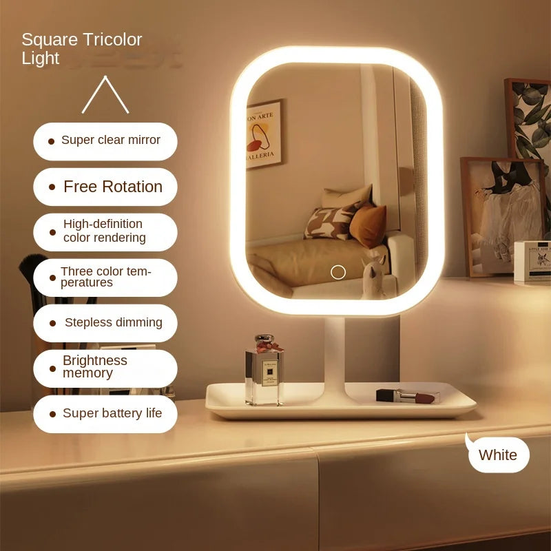 Niche Modern Desktop Vanity Mirror 3 Color Light LED Makeup Mirror Touching Mirror Women Bedroom Dressing Mirror