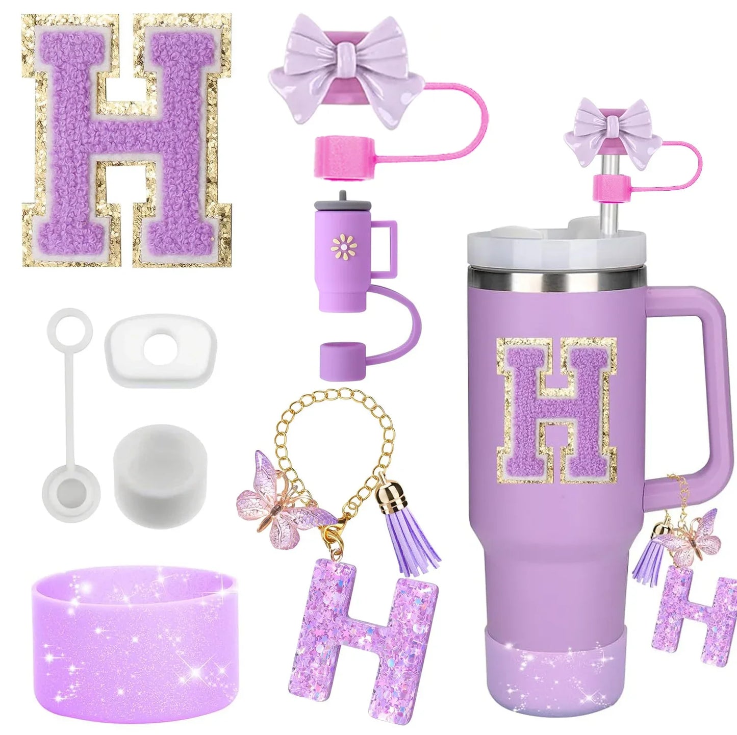 8PCS Accessories Set for Stanley Cup Purple 30oz 40oz tumbler Silicone Straw Topper Cover Cap Boot Handle Charm Initials Sticker