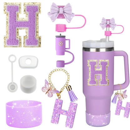 8PCS Accessories Set for Stanley Cup Purple 30oz 40oz tumbler Silicone Straw Topper Cover Cap Boot Handle Charm Initials Sticker