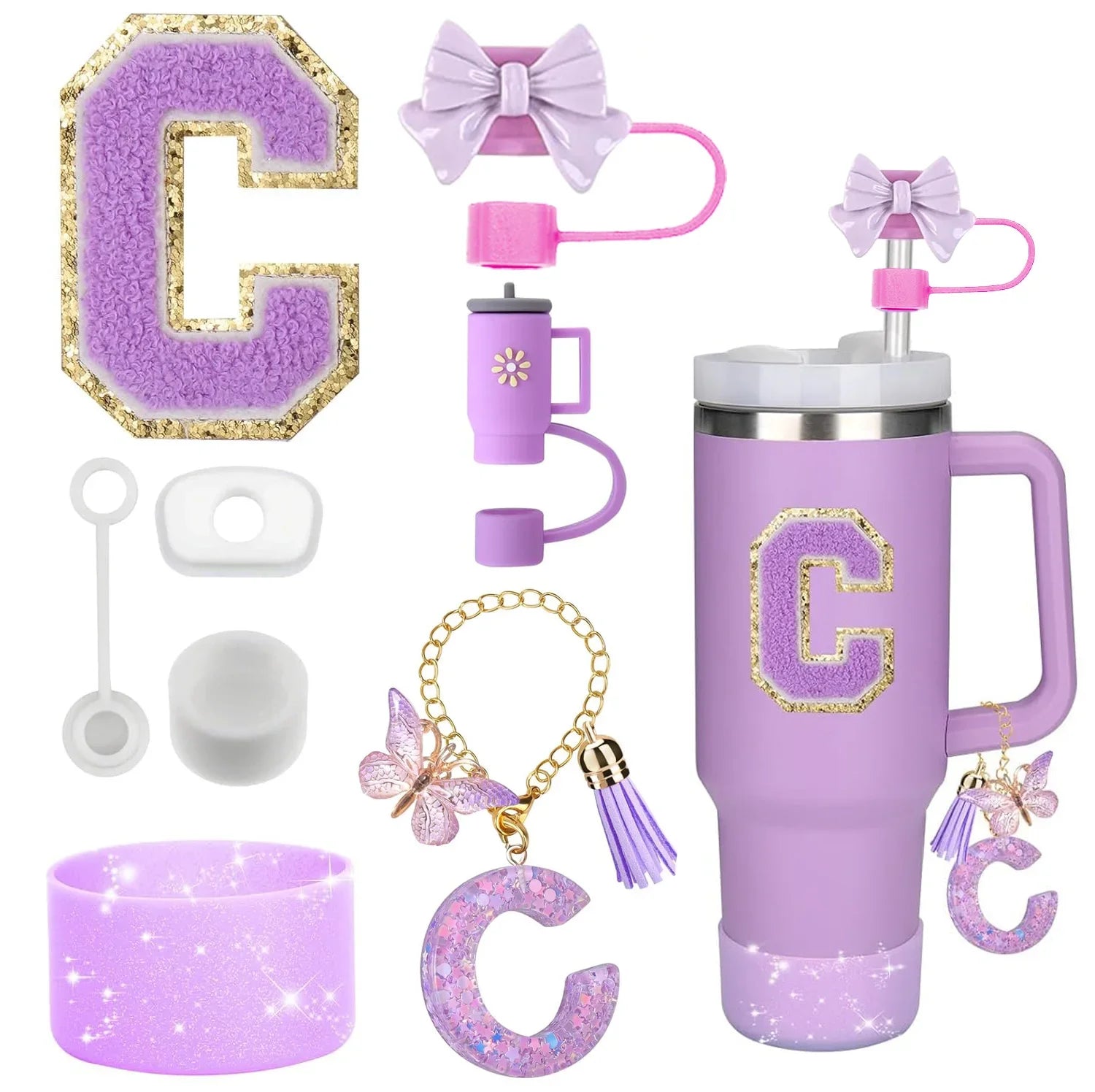 8PCS Accessories Set for Stanley Cup Purple 30oz 40oz tumbler Silicone Straw Topper Cover Cap Boot Handle Charm Initials Sticker